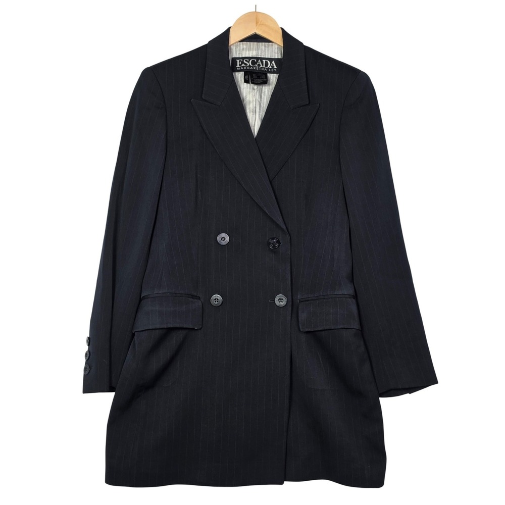 Escada Margaretha Ley Womens 36 Black Pinstripe Double Breasted Wool Silk Blazer